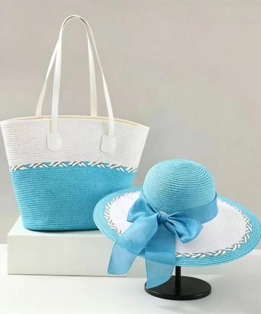 Classy Colorblock Bow Solid Durable Straw Woven Floppy Sun Hat And Shoulder Handbag Two Pieces Set