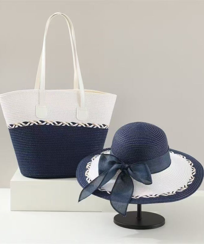 Classy Colorblock Bow Solid Durable Straw Woven Floppy Sun Hat And Shoulder Handbag Two Pieces Set