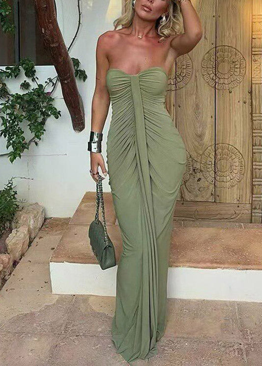 Classy Green Cold Shoulder Wrinkled Solid Long Dress Sleeveless