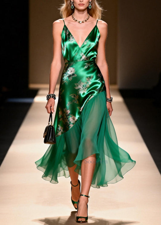Classy Green Print Patchwork Silk Cami Dress Summer