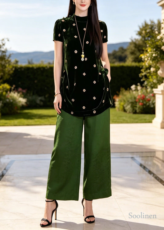 Classy Green Stand Collar Print Silk Two Piece Set Women Clothing Summer