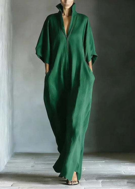 Classy Green V Neck Oversized Cotton Maxi Dresses Half Sleeve