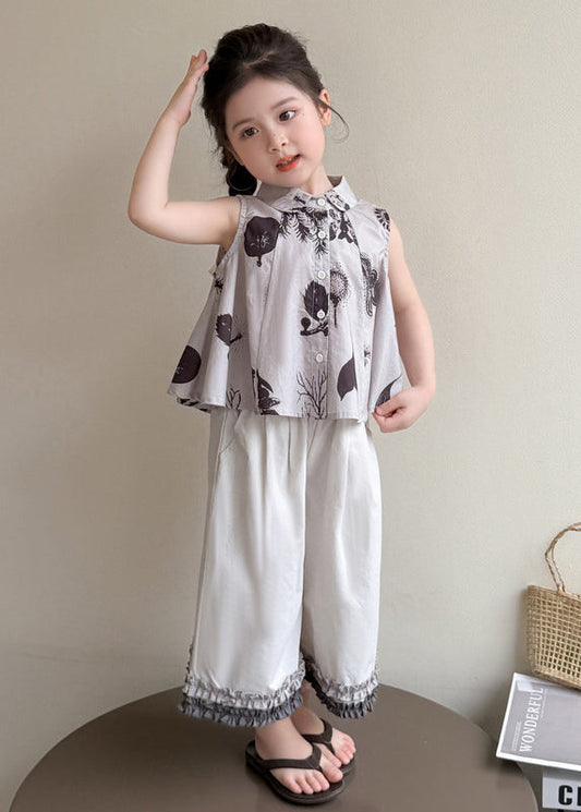 Classy Grey Ruffled Print Cotton Baby Girls Two Pieces Set Sleeveless