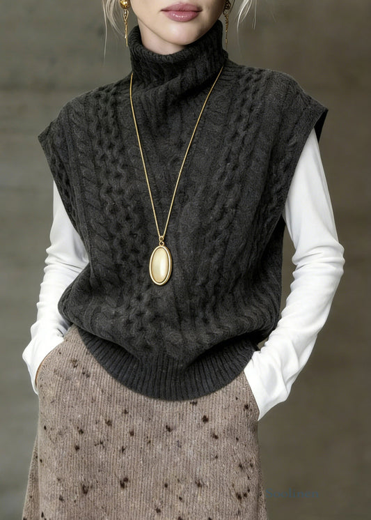 Classy Grey Turtleneck Cable Knit Vest Sleeveless