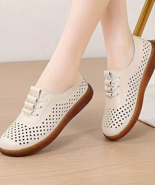 Classy Hollow Out Flat Feet Shoes Beige Cowhide Leather