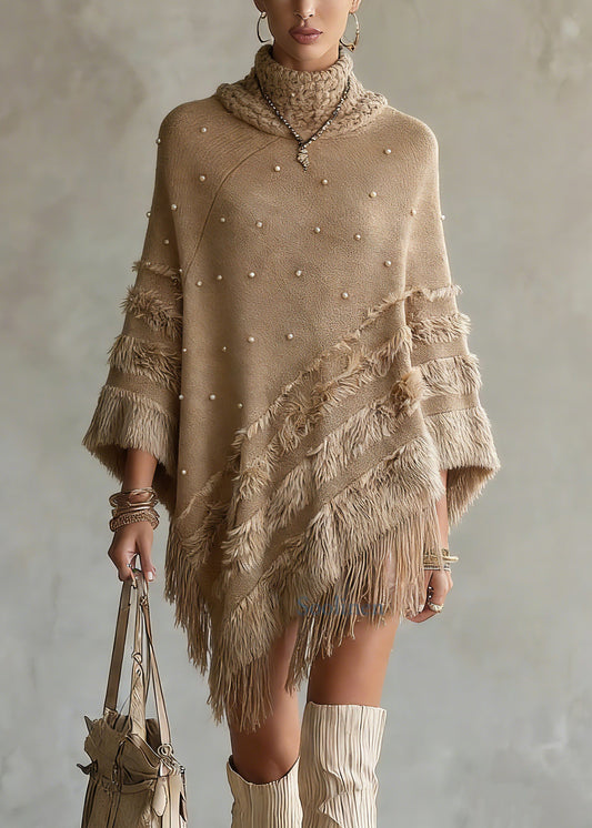 Classy Khaki Asymmetrical Nail Bead Cotton Knit Sweaters Spring