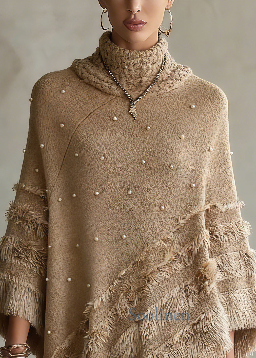 Classy Khaki Asymmetrical Nail Bead Cotton Knit Sweaters Spring