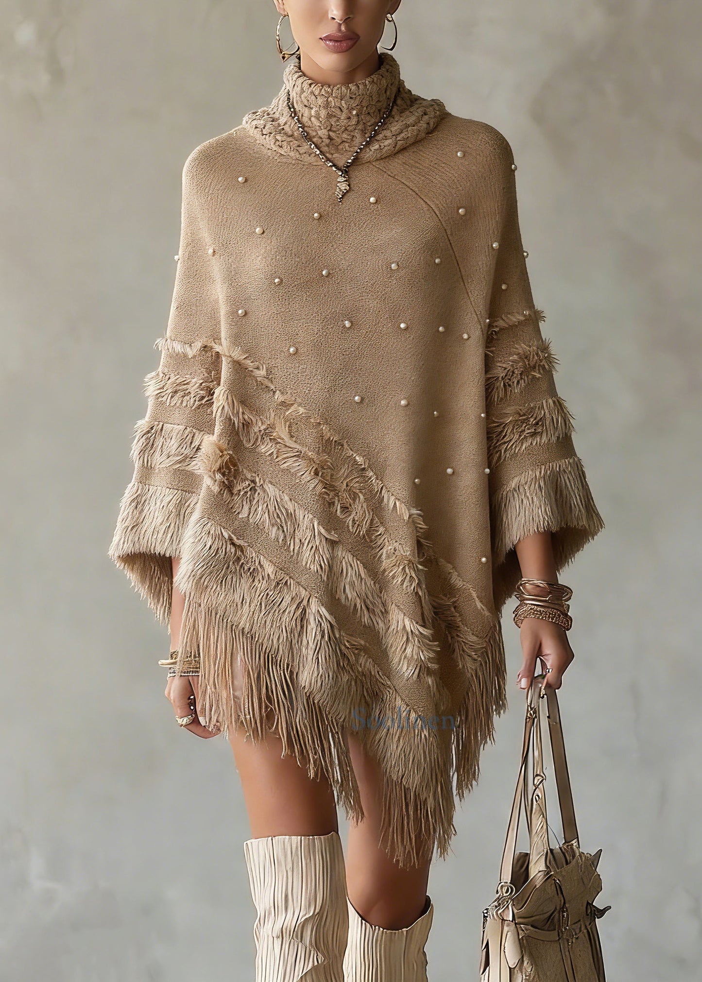 Classy Khaki Asymmetrical Nail Bead Cotton Knit Sweaters Spring