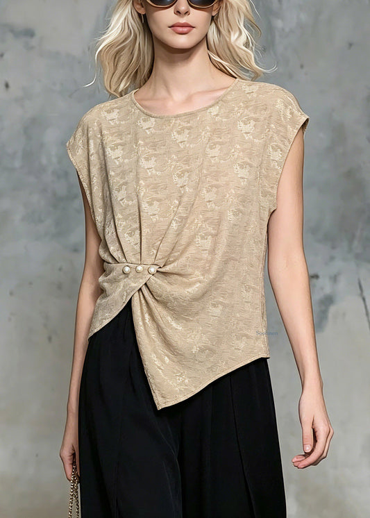 Classy Khaki Wrinkled Nail Bead Tops Short Sleeve