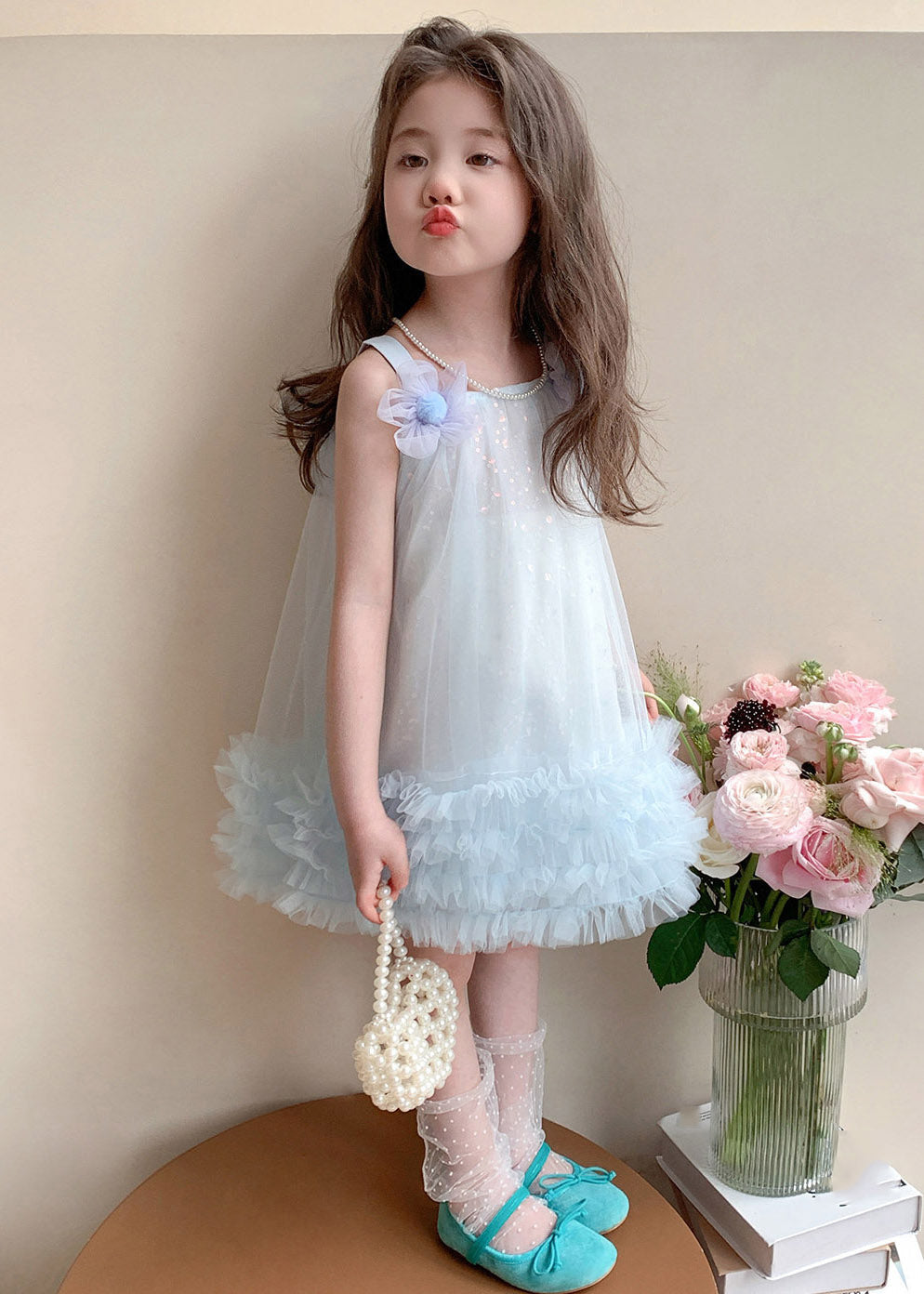 Classy Light Blue Square Collar Floral Bow Tulle Girls Long Dresses Summer