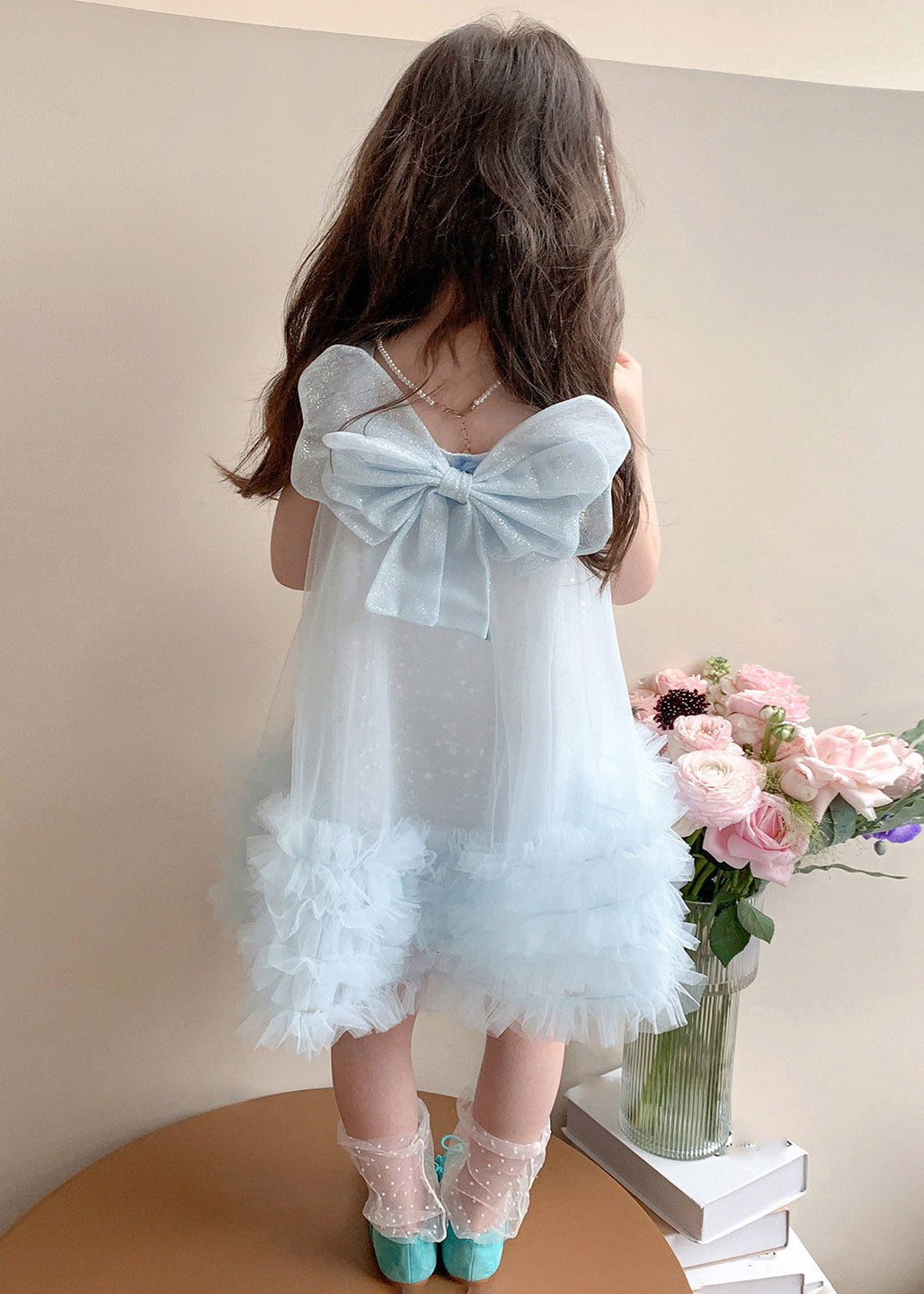 Classy Light Blue Square Collar Floral Bow Tulle Girls Long Dresses Summer