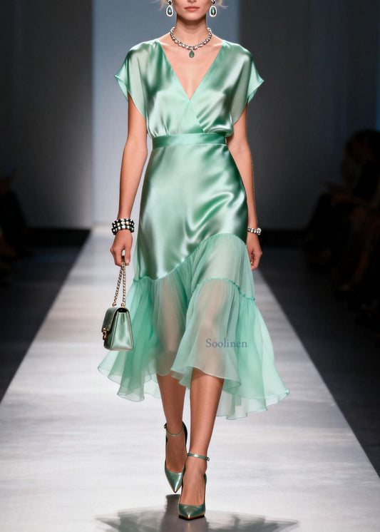 Classy Light Green V Neck Asymmetrical Patchwork Silk Dresses Summer
