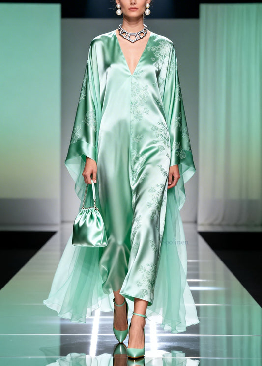 Classy Light Green V Neck Print Silk Long Dress Spring