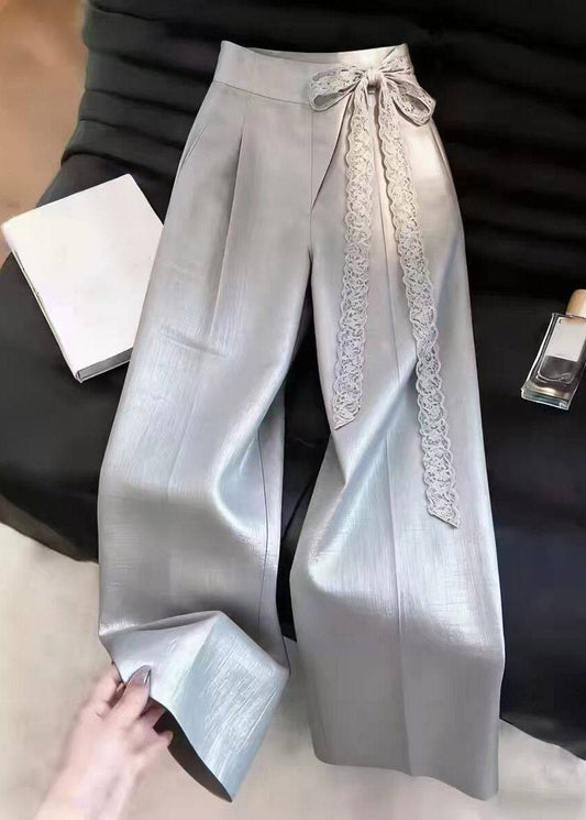 Classy Light Grey Lace Tie Waist Wide Leg Pants Summer
