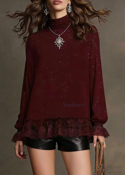Classy Mulberry Sequins Patchwork Lace Knit Top Spring