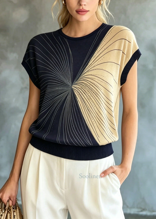 Classy Navy O Neck Zircon Ice Silk Knit Tops Summer