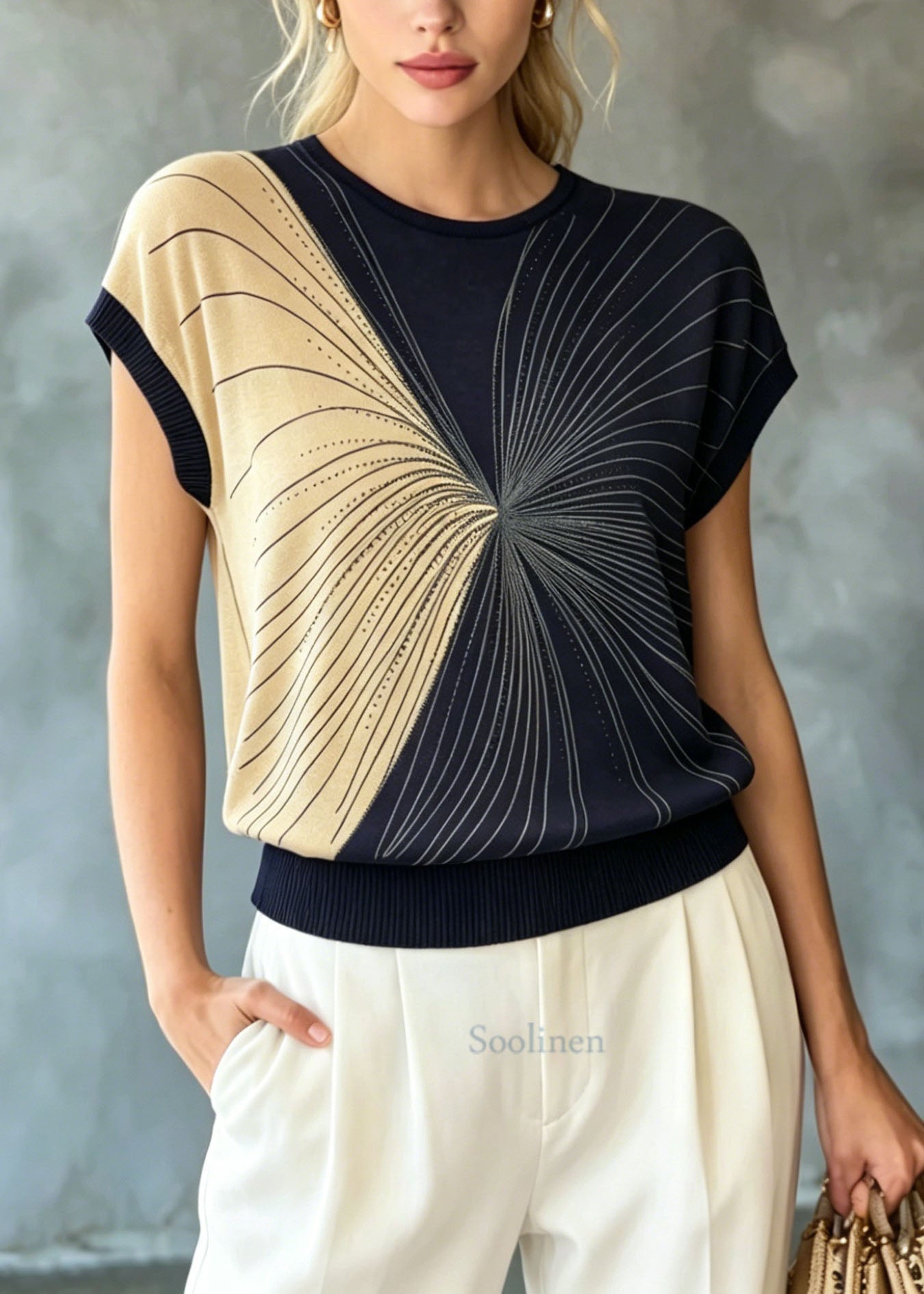 Classy Navy O Neck Zircon Ice Silk Knit Tops Summer