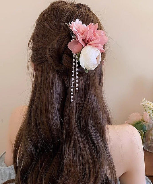 Classy Pink Acrylic Cloth Pearl Floral Tassel Hairpin