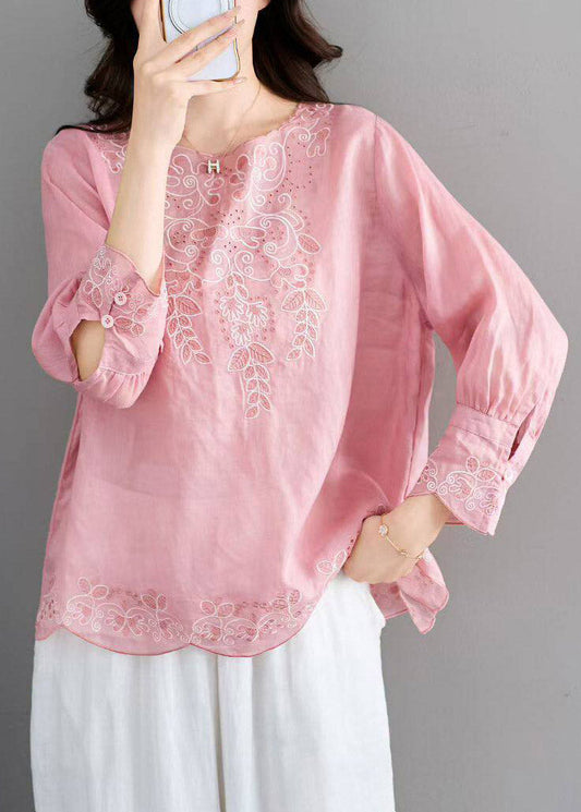 Classy Pink O-Neck Hollow Out Embroidered Linen Shirt Fall