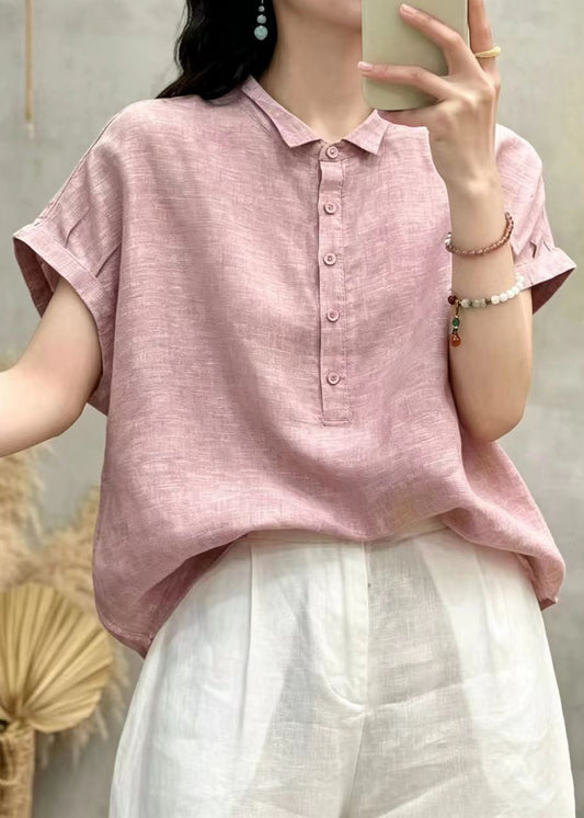 Classy Pink Peter Pan Collar Oversized Linen Blouses Summer