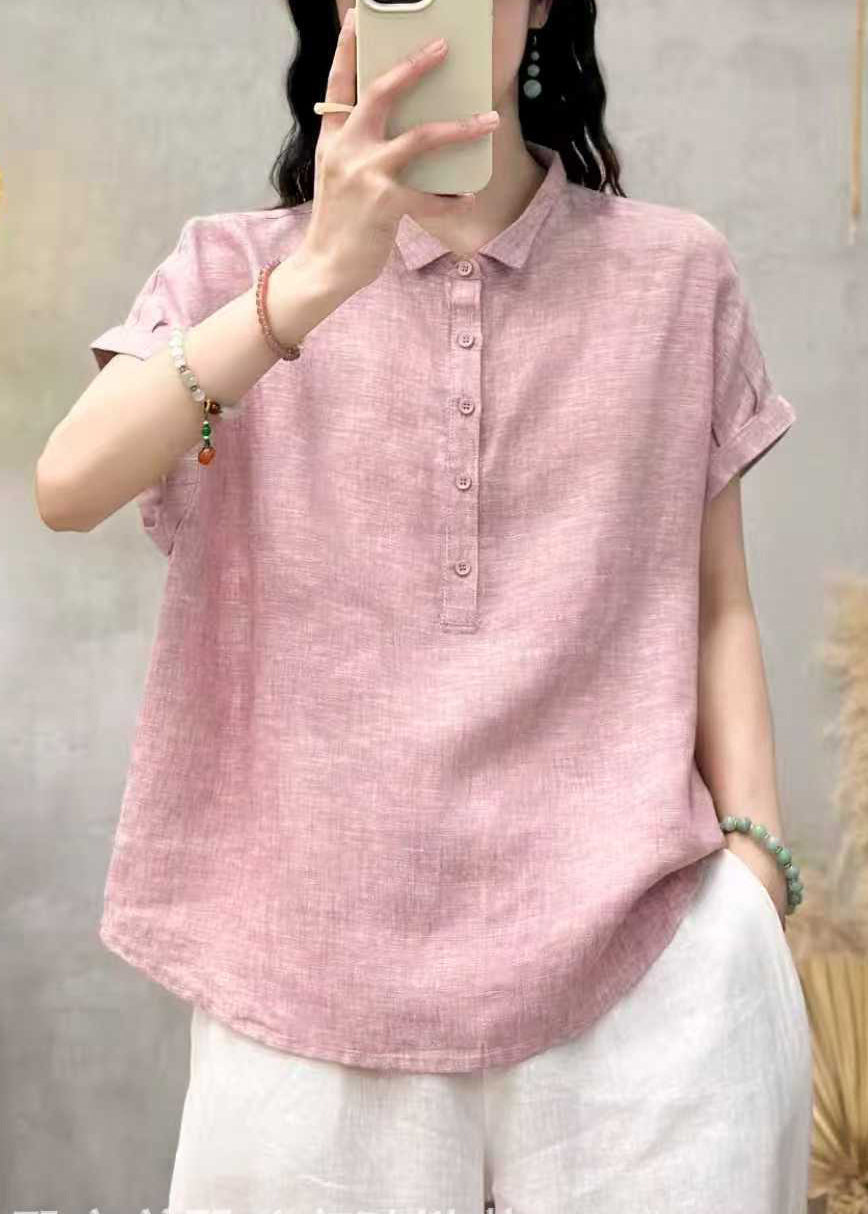 Classy Pink Peter Pan Collar Oversized Linen Blouses Summer