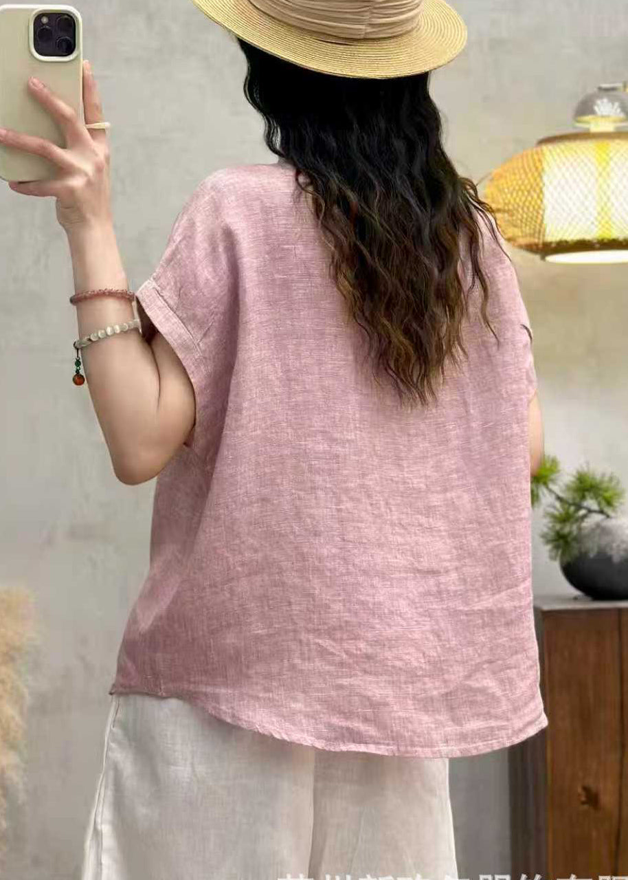 Classy Pink Peter Pan Collar Oversized Linen Blouses Summer
