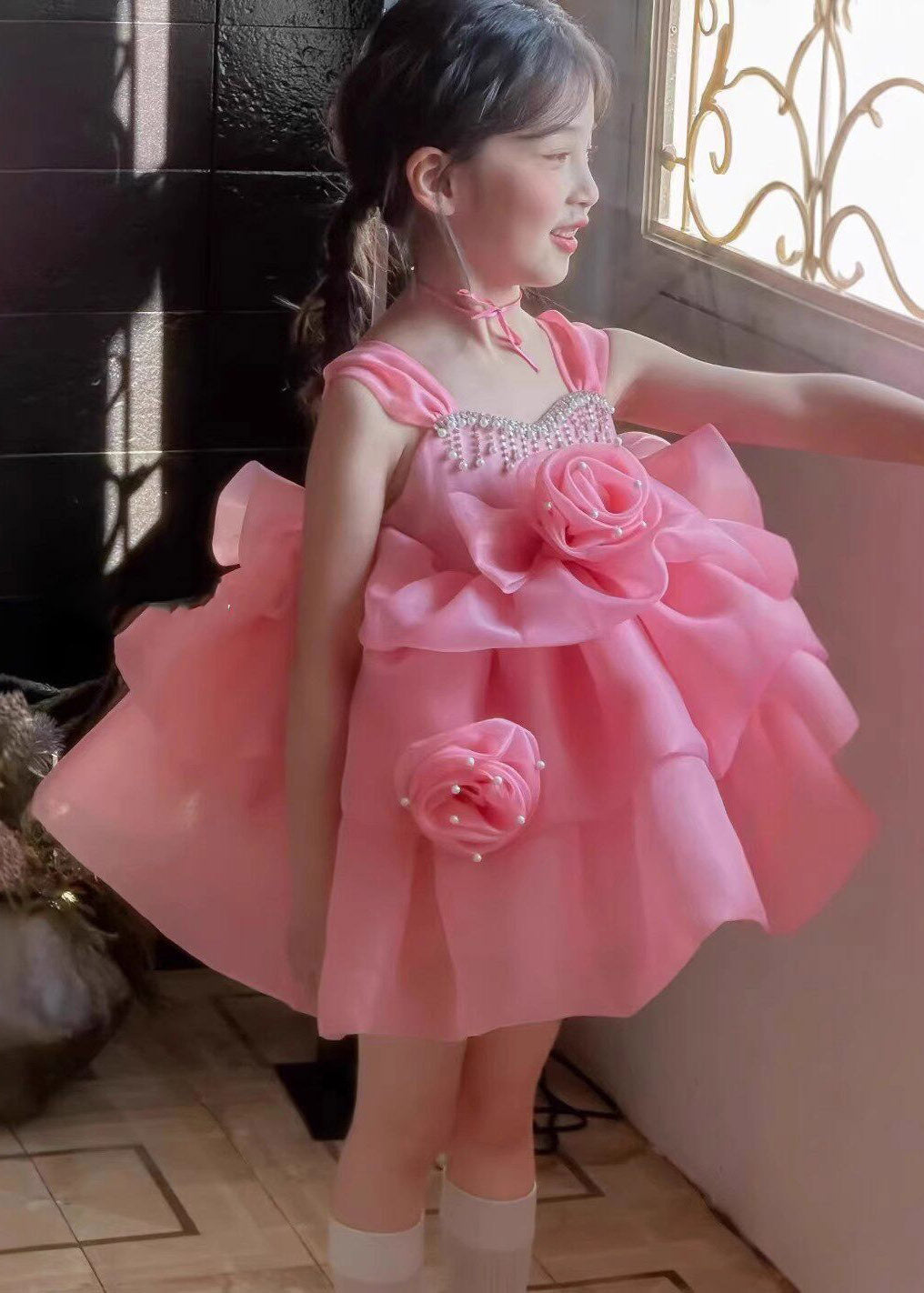 Classy Pink Rose Pearl Tassel Tulle Girls Mid Spaghetti Strap Dress Summer