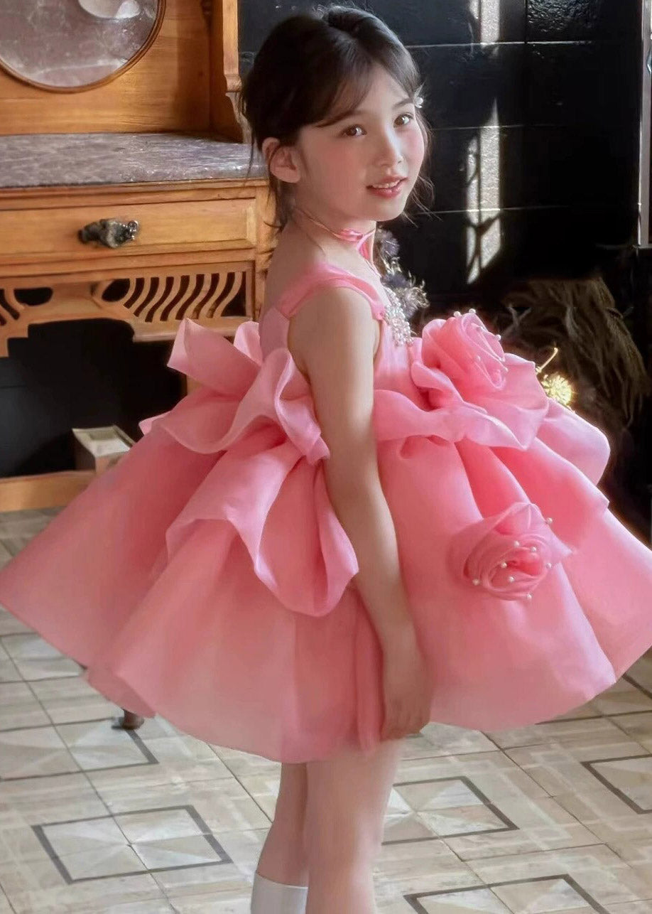 Classy Pink Rose Pearl Tassel Tulle Girls Mid Spaghetti Strap Dress Summer
