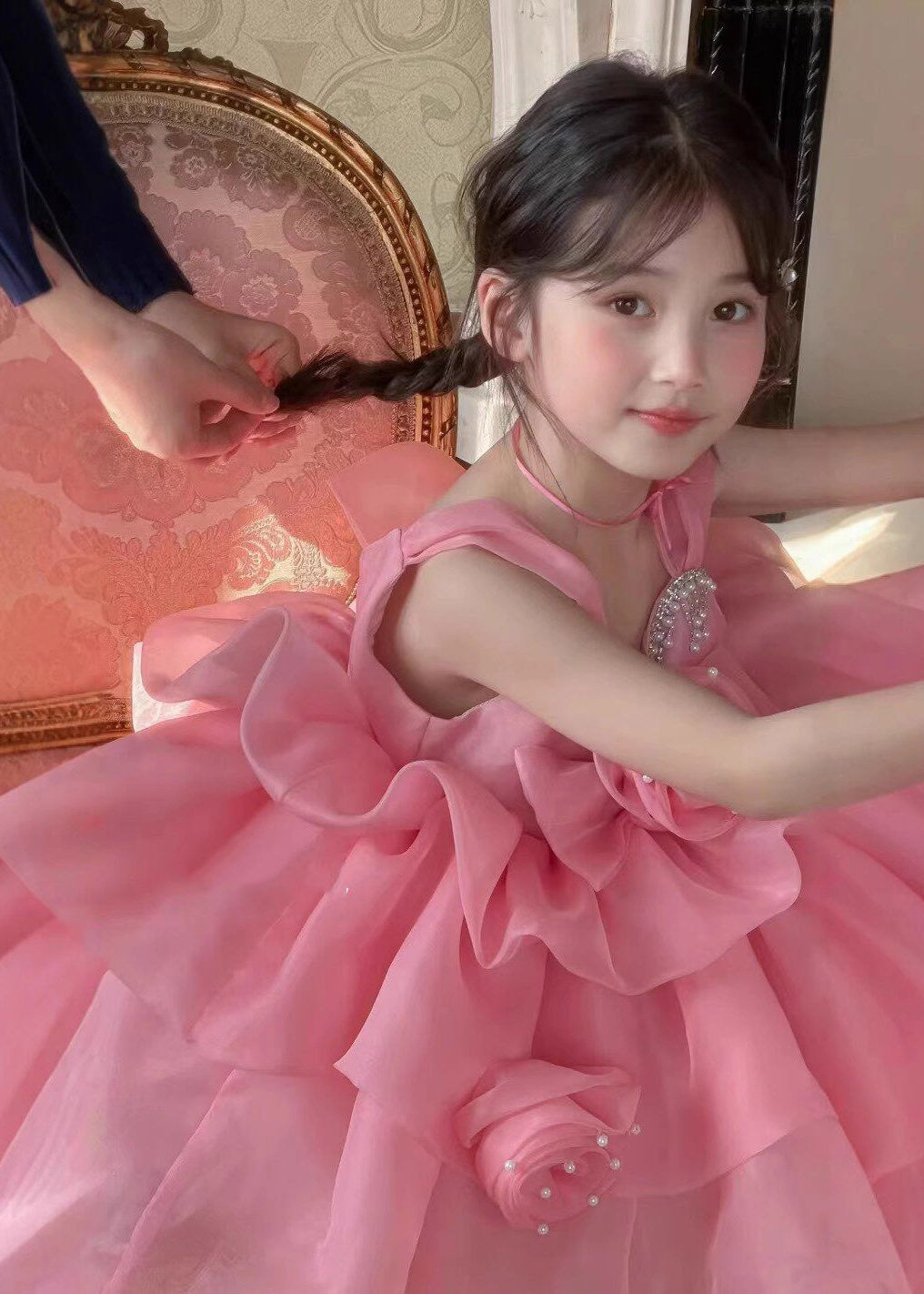 Classy Pink Rose Pearl Tassel Tulle Girls Mid Spaghetti Strap Dress Summer