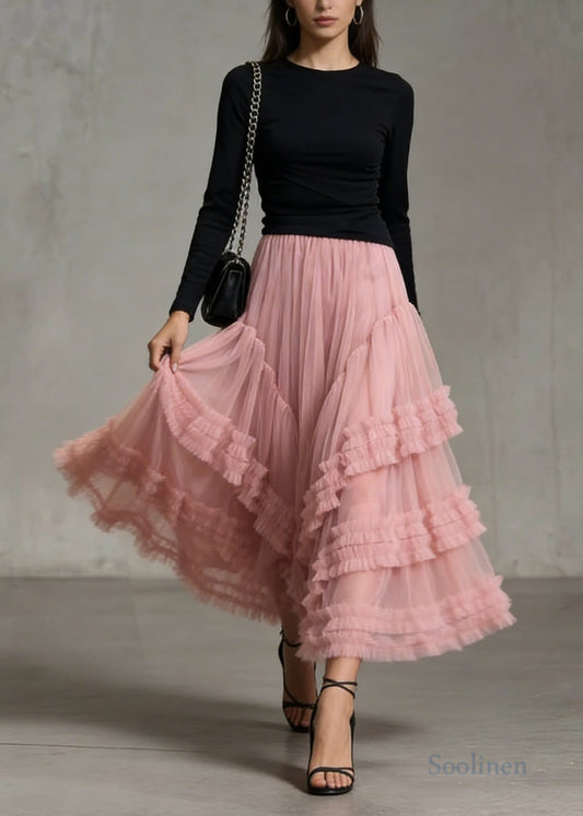 Classy Pink Ruffled Exra Large Hem Tulle Holiday Skirt Spring