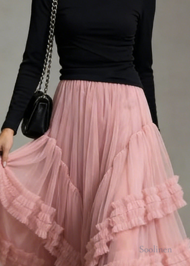 Classy Pink Ruffled Exra Large Hem Tulle Holiday Skirt Spring