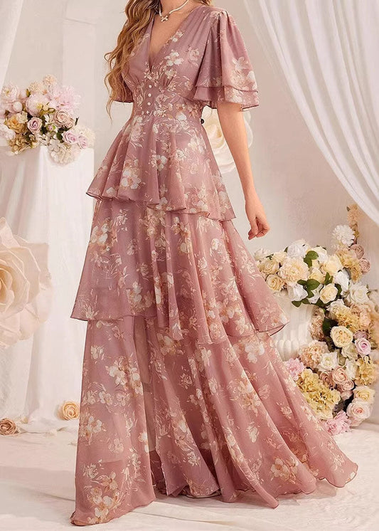 Classy Pink Ruffled Print Chiffon Long Dresses Summer