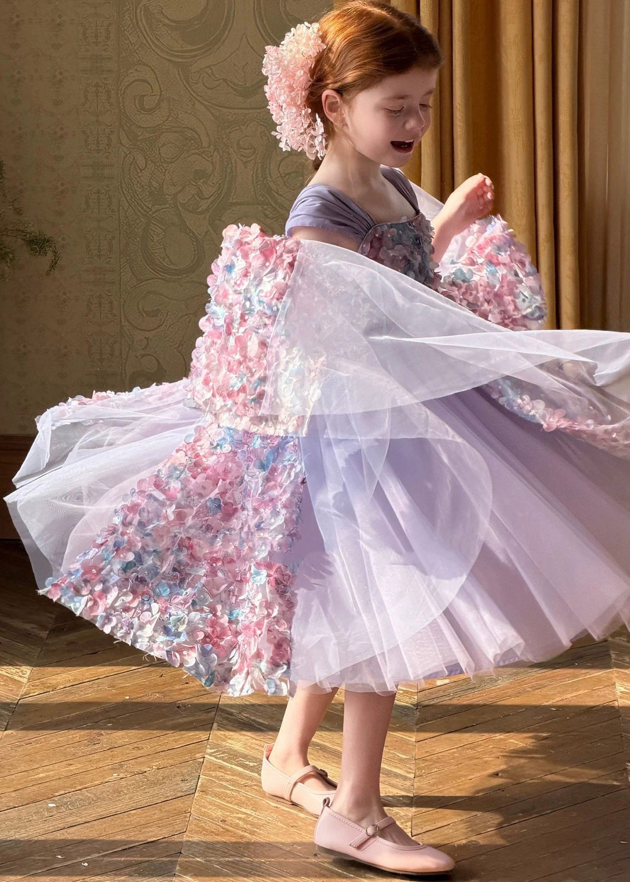 Classy Purple Floral Ribbon Tulle Kids Long Dresses Sleeveless