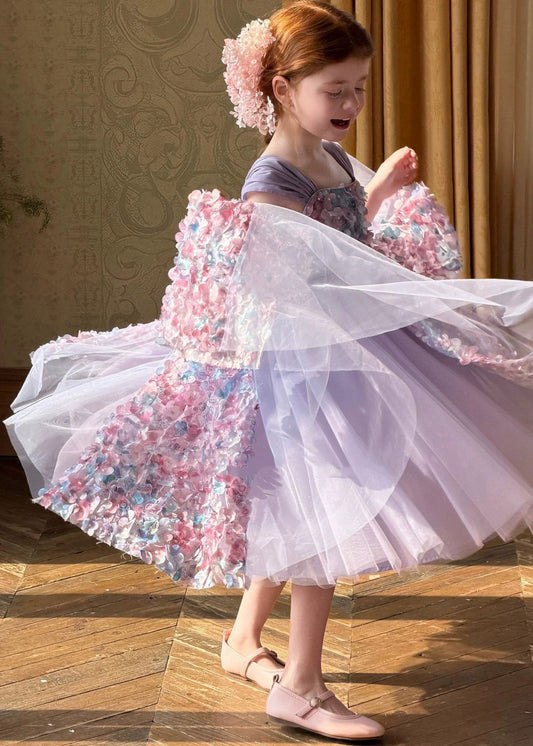 Classy Purple Floral Ribbon Tulle Kids Long Dresses Sleeveless