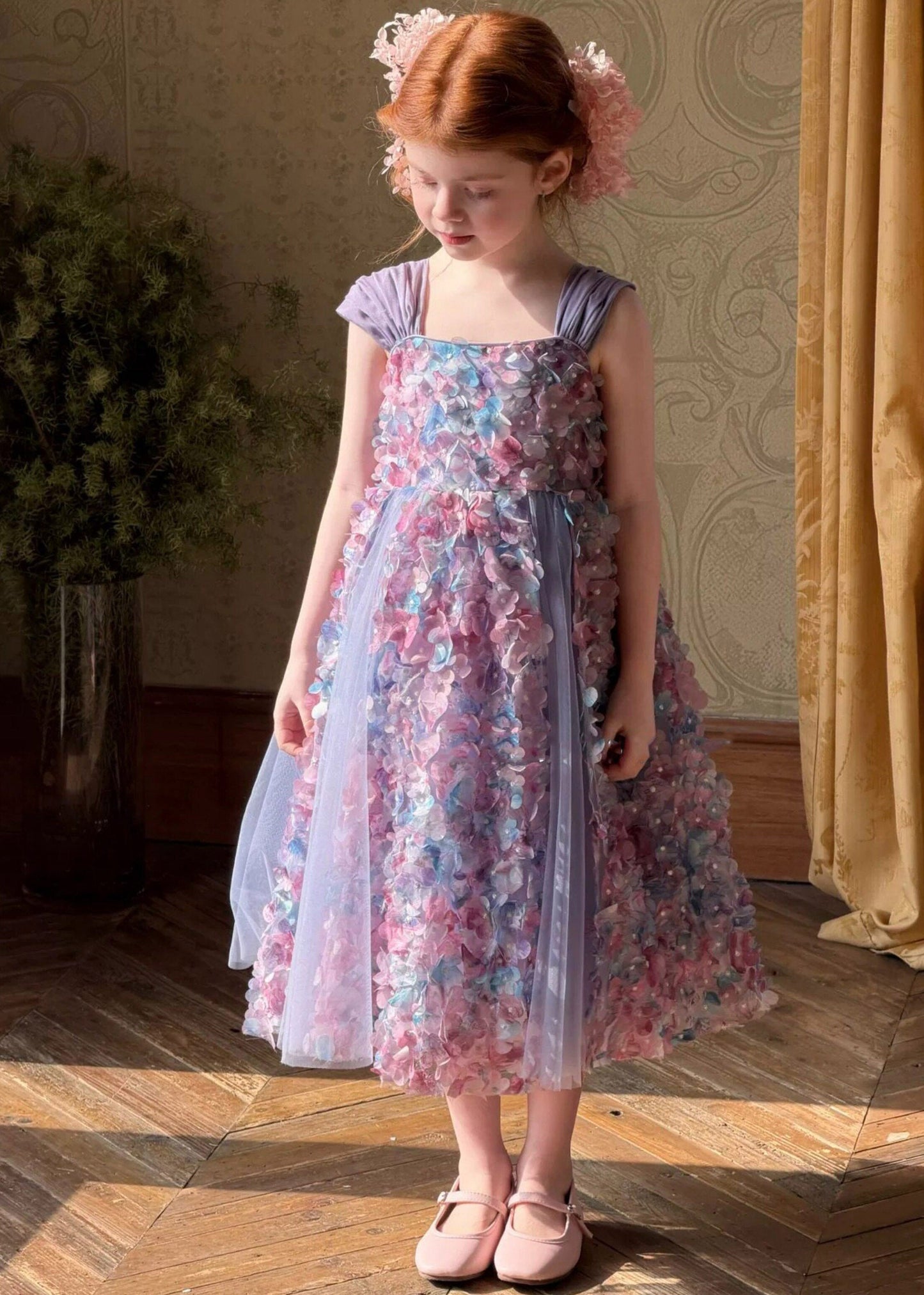 Classy Purple Floral Ribbon Tulle Kids Long Dresses Sleeveless
