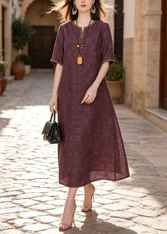 Classy Purple O Neck Print Silk Dresses Summer