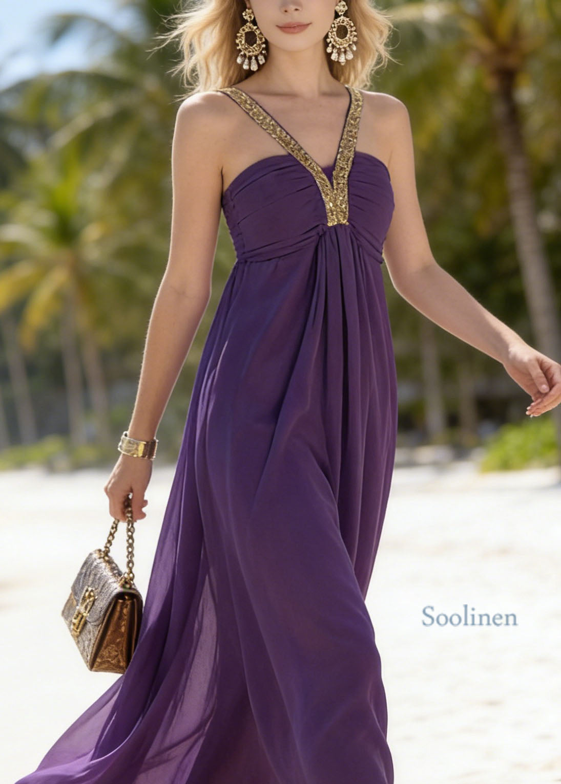 Classy Purple Patchwork Chiffon Spaghetti Strap Dress Summer