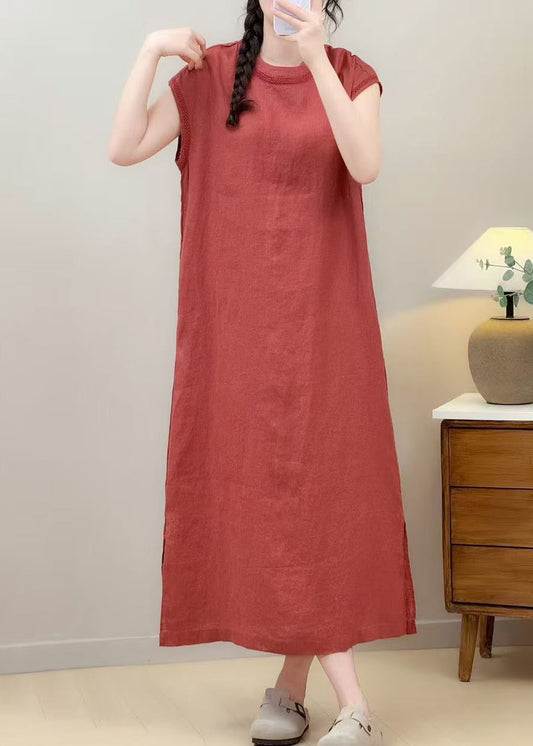 Classy Red Oversized Side Open Linen Robe Dresses Summer