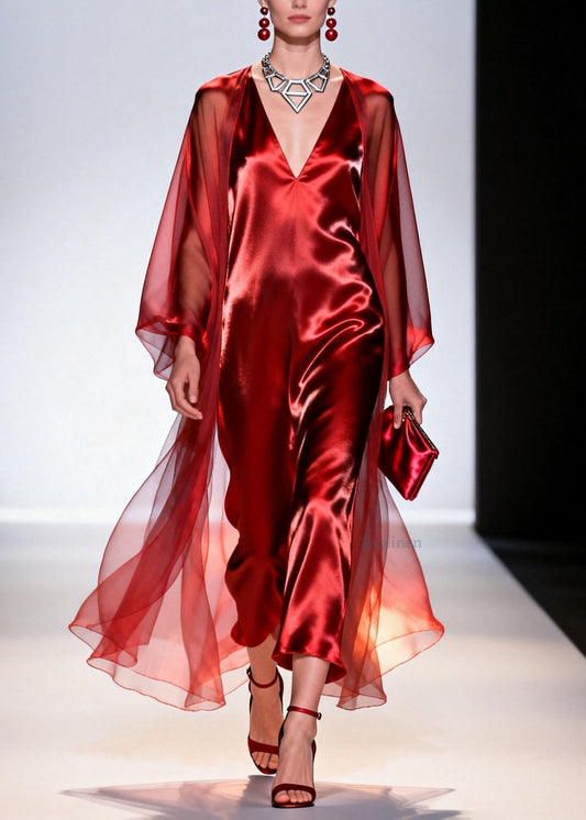 Classy Red V Neck Loose Silk 2 Piece Outfit Summer
