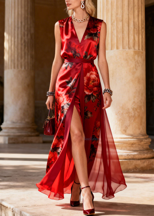 Classy Red V Neck Print Side Open Silk Dress Sleeveless