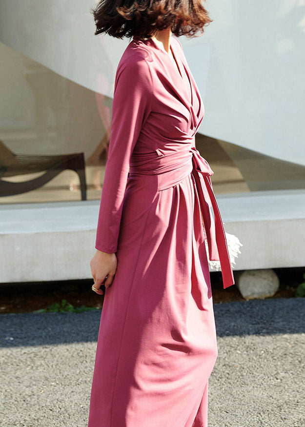 Classy Rose Tie Waist Solid Maxi Dresses Fall