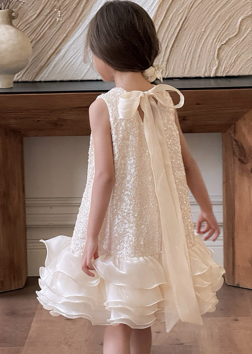 Classy Sequins Bow Tulle Patchwork Girls Maxi Dress Sleeveless