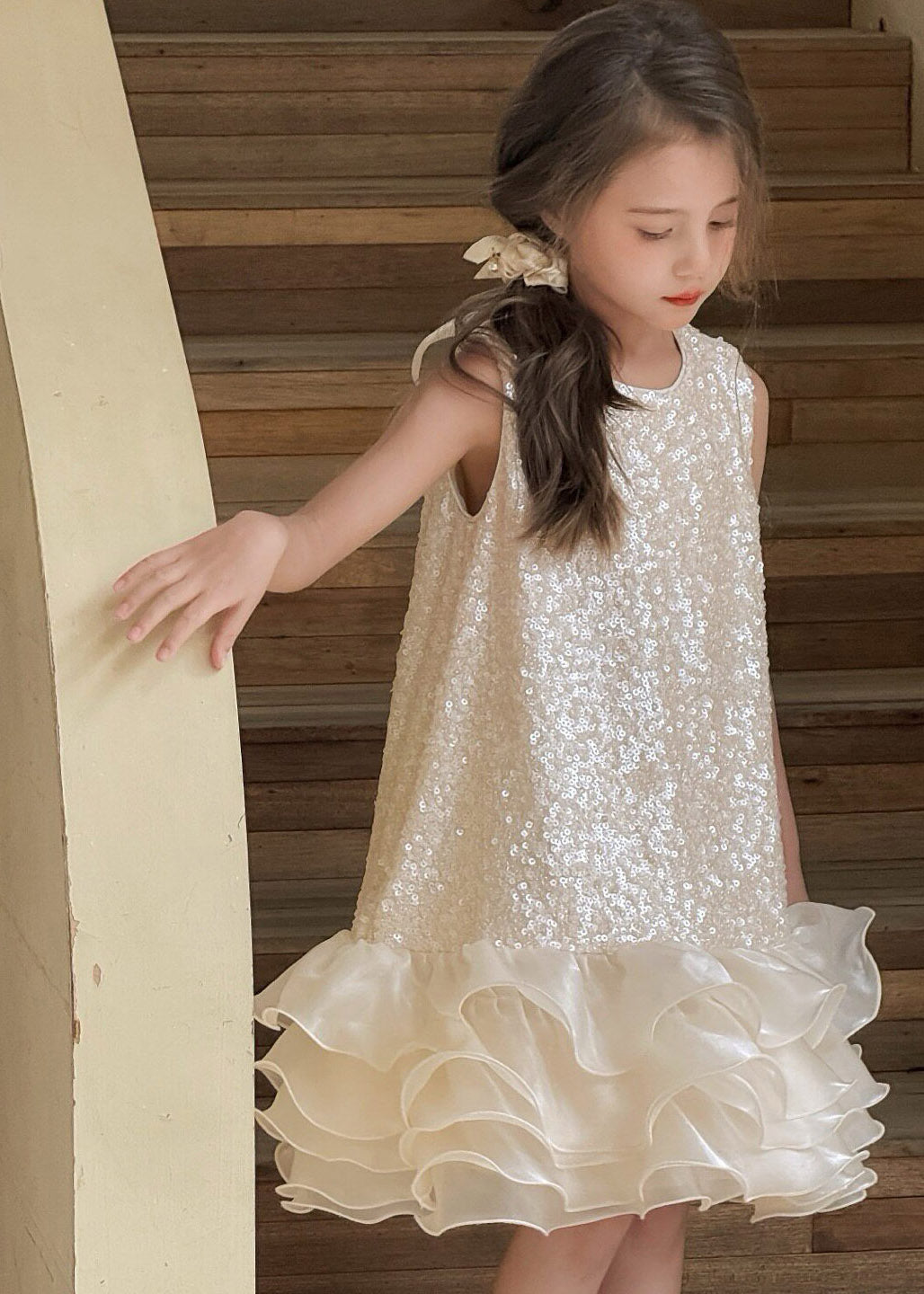 Classy Sequins Bow Tulle Patchwork Girls Maxi Dress Sleeveless
