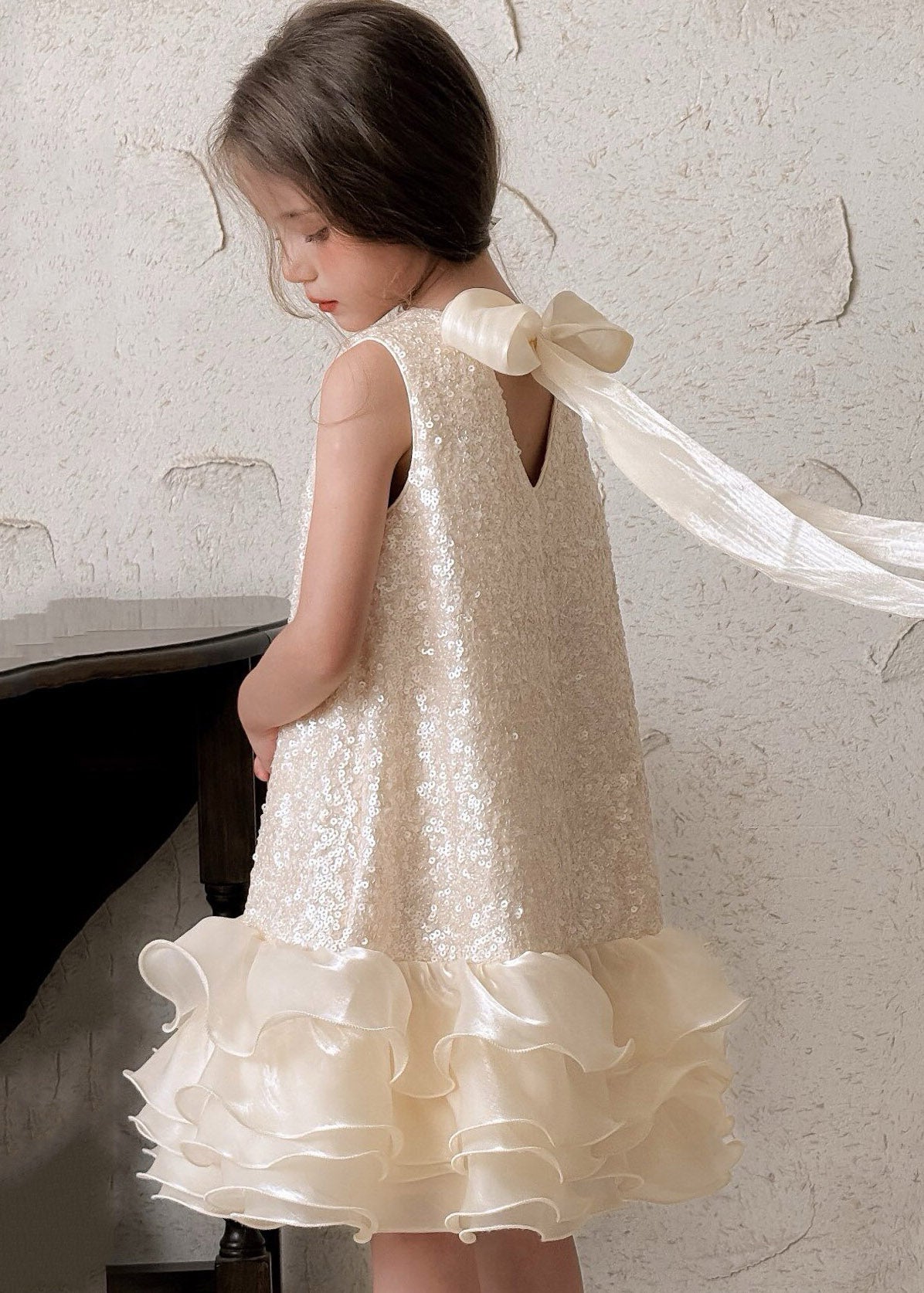Classy Sequins Bow Tulle Patchwork Girls Maxi Dress Sleeveless