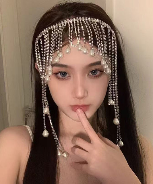 Classy Silk Alloy Zircon Pearl Tassel HairPiece