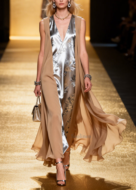 Classy Silvery Jacquard Patchwork Chiffon Fake Two Piece Dresses Summer
