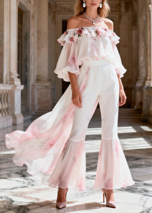 Classy Slash Neck Ruffled Patchwork Chiffon Two Pieces Set Summer