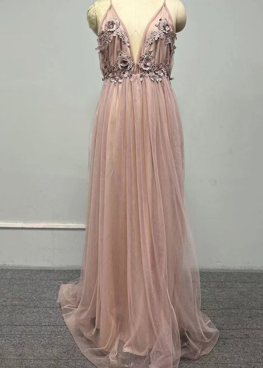 Classy V Neck Floral Tulle Spaghetti Strap Dress Summer
