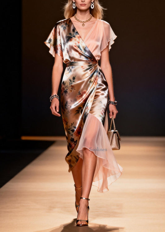 Classy V Neck Print Asymmetrical Patchwork Silk Dress Summer
