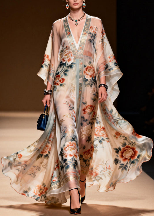 Classy V Neck Print Chiffon Long Dress Spring